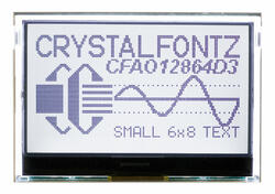 The CFA212-TFH is a complete development kit with a Seeeduino (Arduino Uno R3 clone), and a 128x64 CFAO12864D3-TFH graphic LCD display (power on, backlight on) mounted on a CFA-10072 board. This is the front view showing the display with a bit of the CFA-10072 board visible behind it. The included Arduino is behind the CFA-10072. The CFA212-TFH is a complete development kit with a Seeeduino (Arduino Uno R3 clone), and a 128x64 CFAO12864D3-TFH graphic LCD display (power on, backlight on) mounted on a CFA-10072 board. This is the front view showing the display with a bit of the CFA-10072 board visible behind it. The included Arduino is behind the CFA-10072.